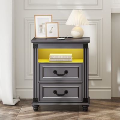 Nightstand with Charging Station, 3-Color LED Lights and 2 Drawers