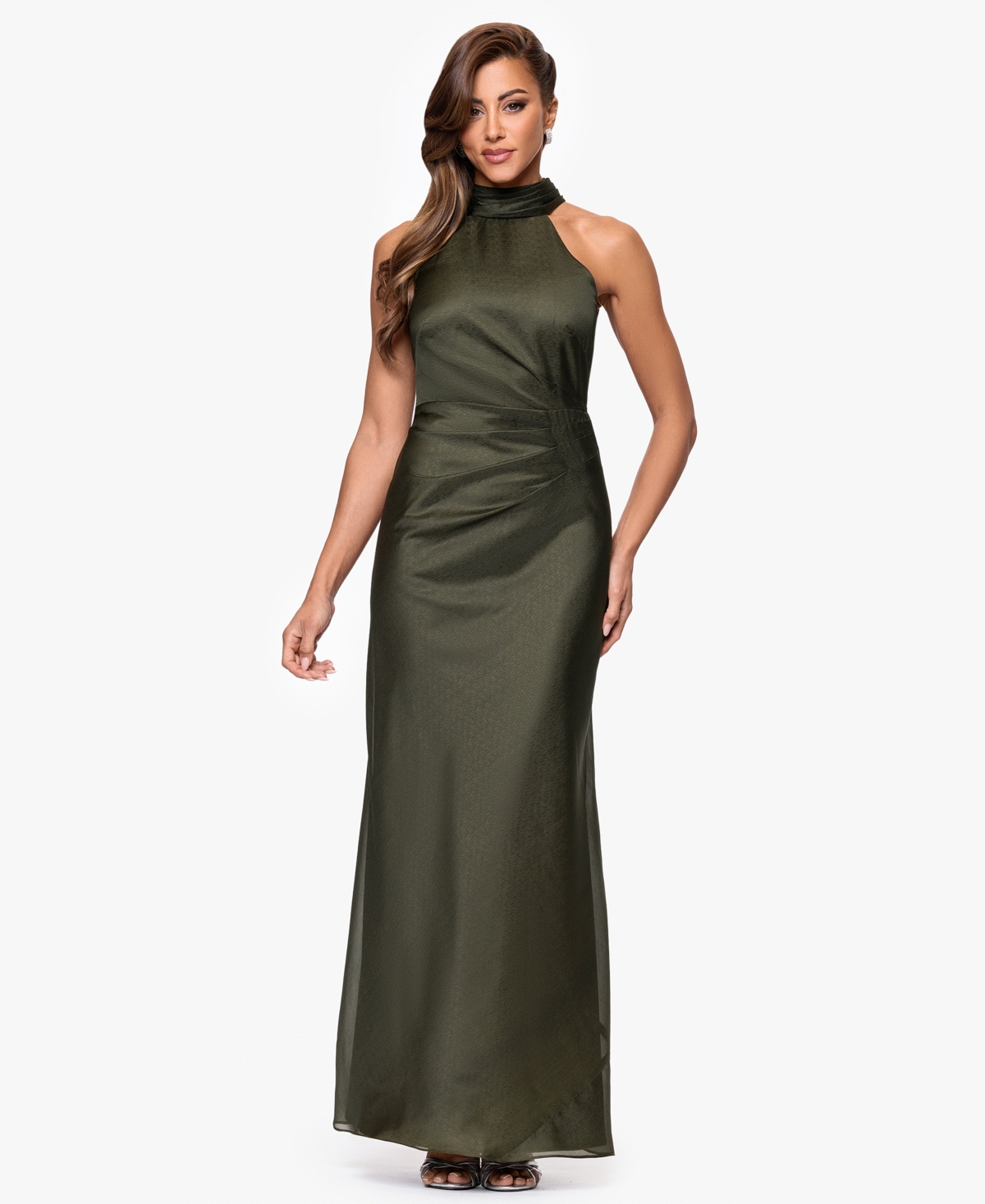 Women's Organza High-Neck Long Sheath Dress - Olive