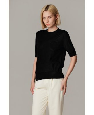Women's Tissue Weight 75% Merino Wool 25% Silk Crew Neck Short Sleeve T Shirt Sweater | Ultra Soft Machine-Washable Sweaters