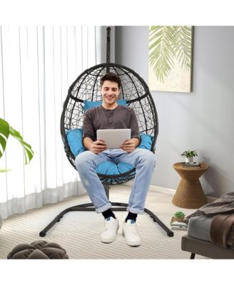 Hanging Hammock Chair Egg Swing Chair w/ Blue Cushion Pillow Stand