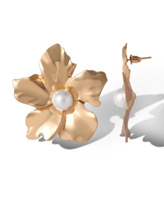 Statement Flower Earrings with Pearl Center in Gold-Tone