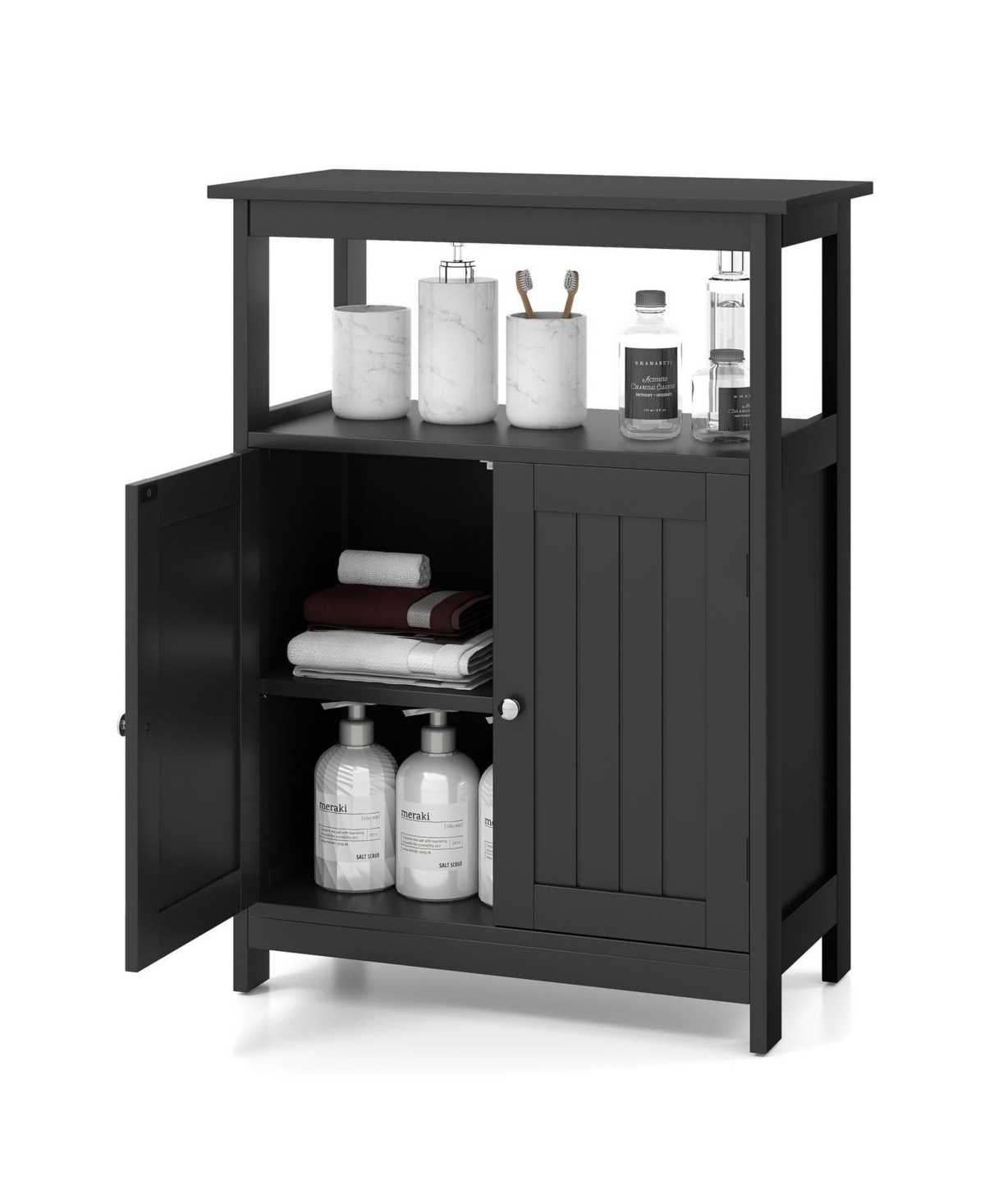 Bathroom Floor Cabinet Freestanding Storage Organizer with Open Compartment - Black