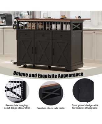 46.5" Rolling Kitchen Cart with Drop Leaf, Power Outlet, Beaded Trim, Ample Storage