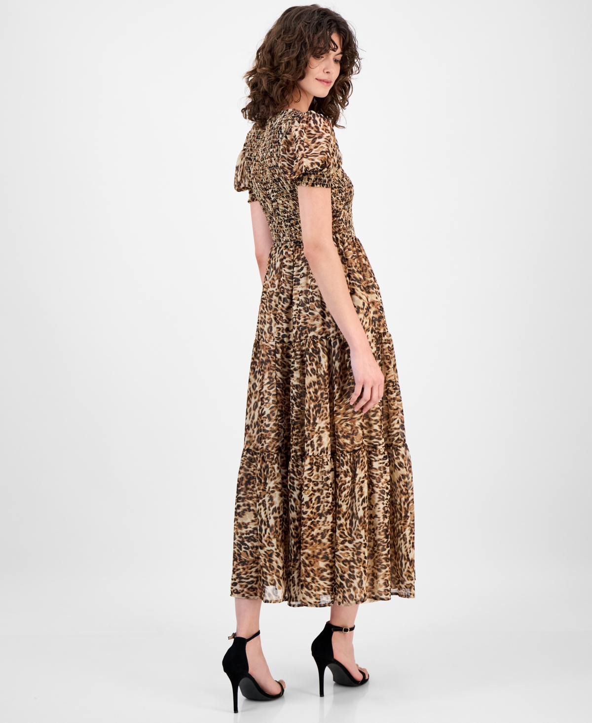 Anne Klein Womens Printed Smocked Puff Sleeve Chiffon Tiered Maxi Dress P Xxs Xxl In Animal Print