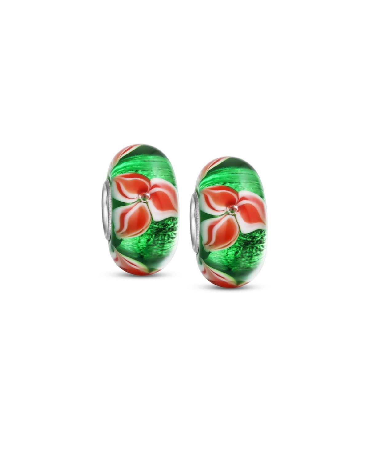 Set of 2 Red Green Murano Glass Christmas Charm Bead Sterling Silver for European Bracelets - Green set