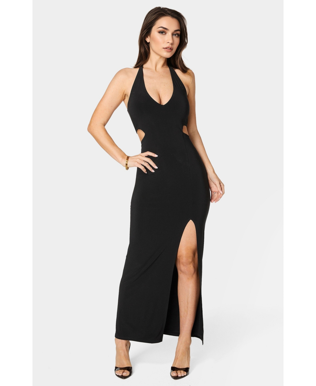 Women's Slit Front Cutout Halter Midi Dress - Black