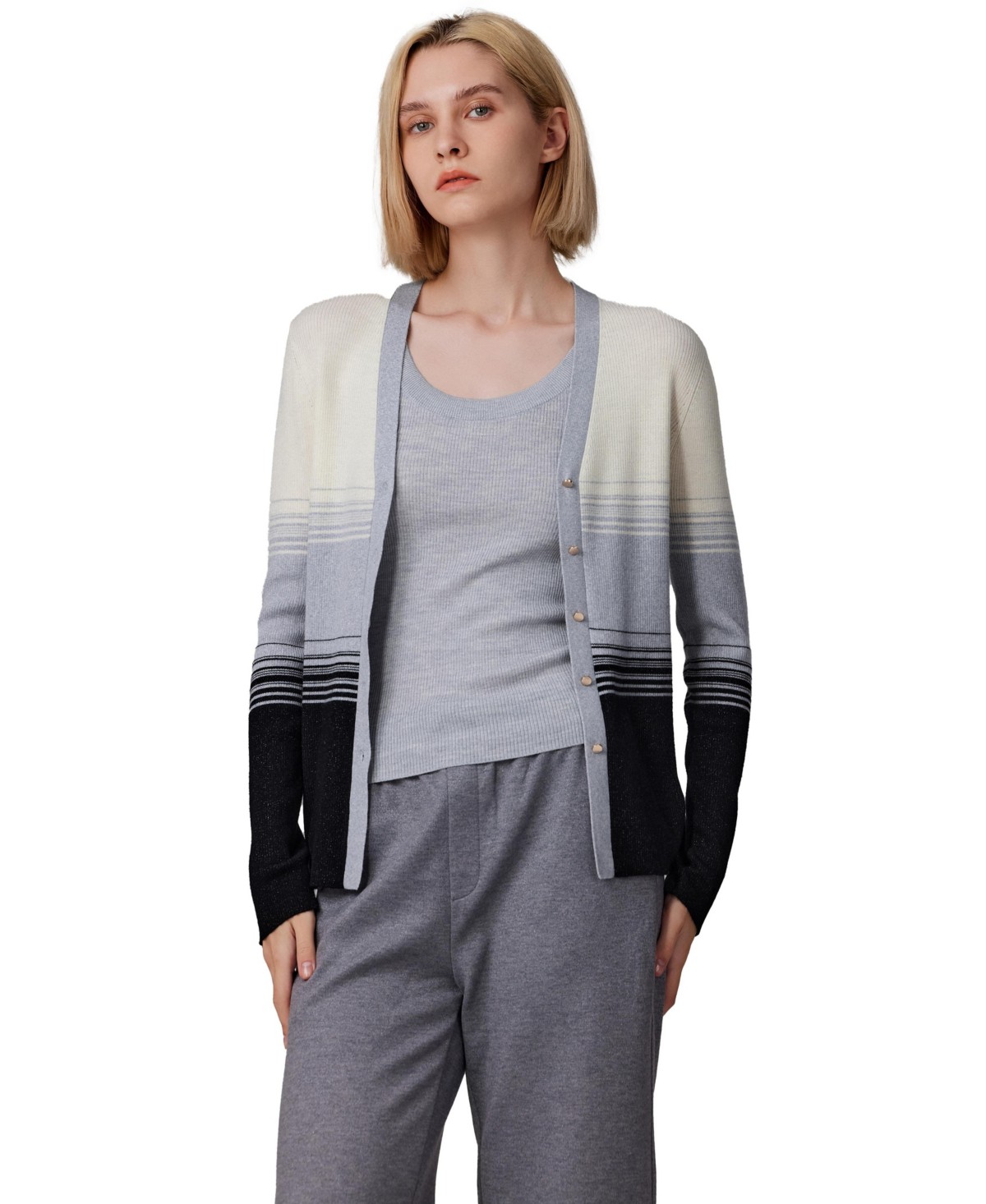 Женские JENNIE LIU Women's Lurex Wool Cardigan | Metallic Button Up V Neck Sweater | Ultra Soft Ribbed Shimmer Knit | Machine Washable Cardigan Sweaters — фото 1