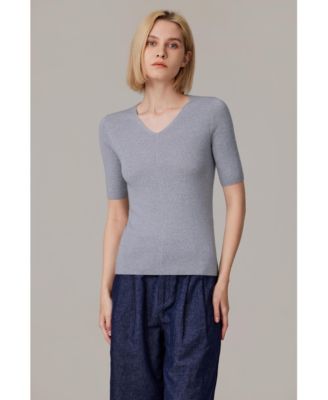 Women's Merino Wool Lurex Sweater | Shimmer Fine gauge V-Neck Short Sleeve Top | Machine Washable Pullover