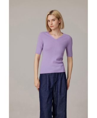 Women's Merino Wool Lurex Sweater | Shimmer Fine gauge V-Neck Short Sleeve Top | Machine Washable Pullover