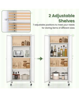 Glass Doors Storage Cabinet with Wheels and Adjustable Shelves