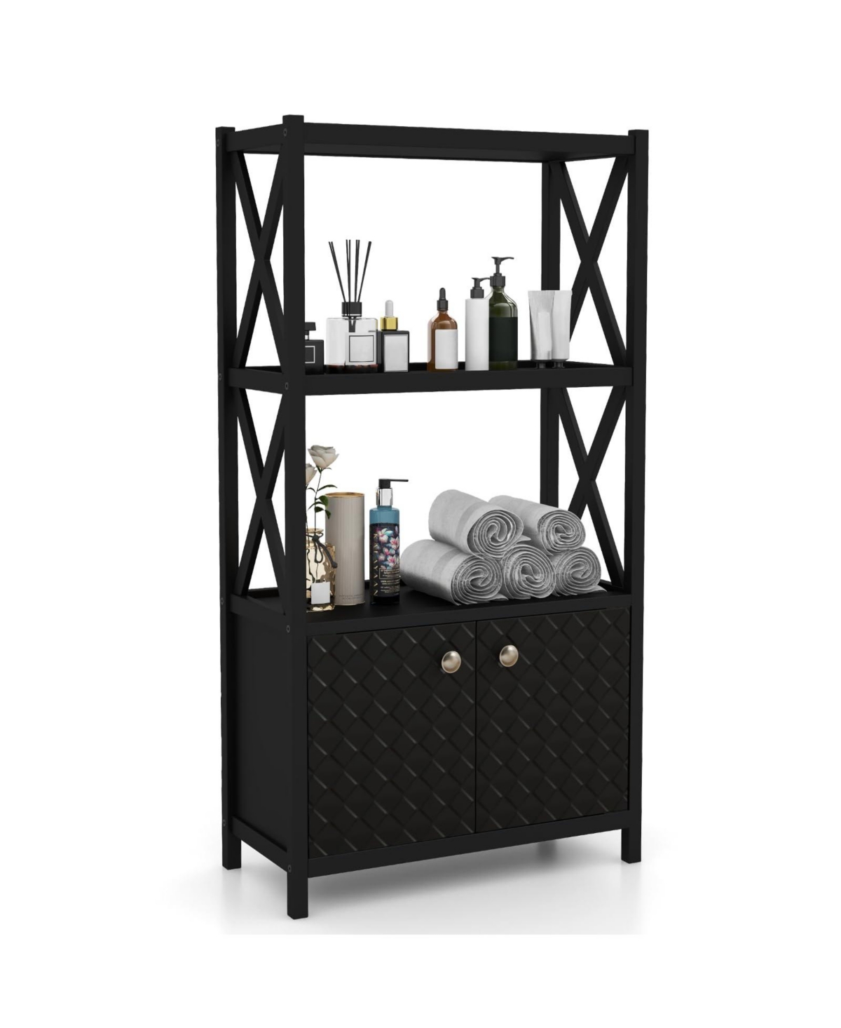 Bathroom Storage Cabinet with Open Shelves and Double Doors - Black
