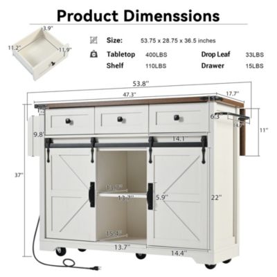 53.7" Rolling Kitchen Cart with Barn Doors, Drop Leaf, Power Outlet and Spice Rack (No Stools)