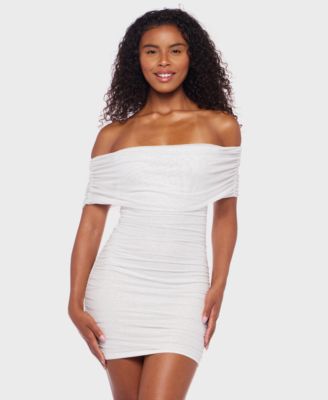 B Darlin - Juniors' Off-The-Shoulder Glitter Mesh Bodycon Dress