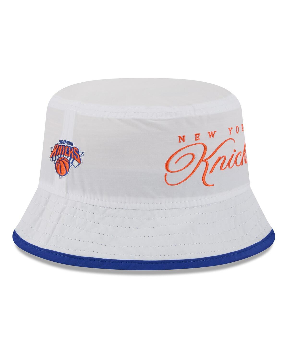 New Era Men's White/blue New York Knicks 2025 Nba Draft Nylon Bucket Hat