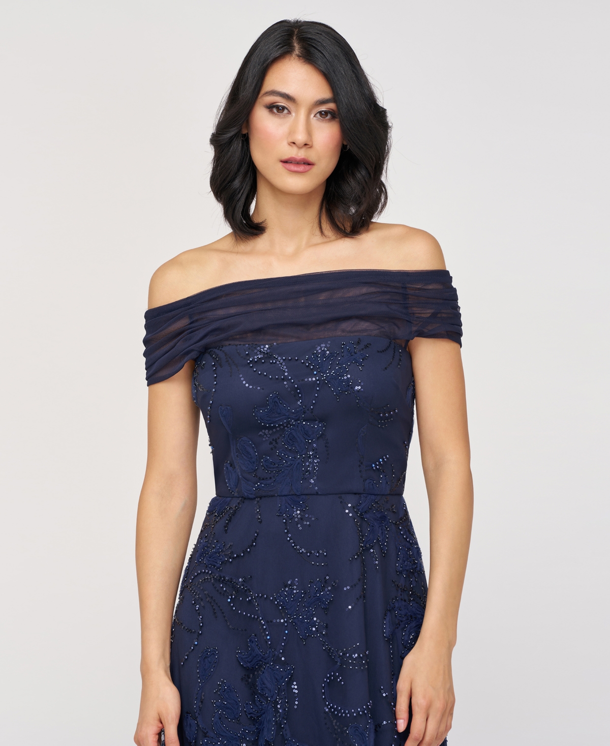 Js Collections Gemma Beaded Floral Off The Shoulder Cocktail Dress In Blue