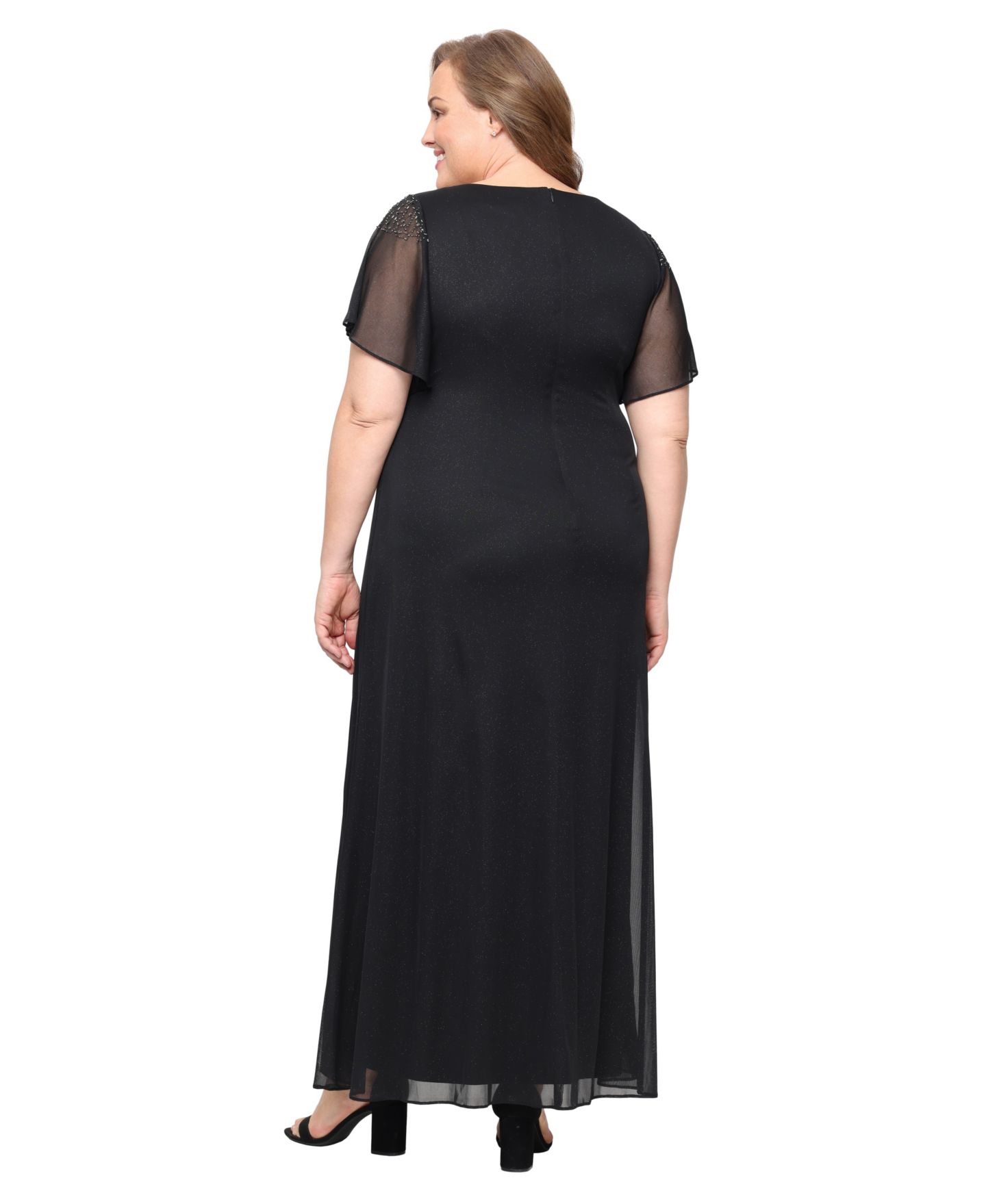 Женские платья SL Fashions Plus Size Flutter-Sleeve Side-Ruched Glitter Gown, цвет: Чёрный — фото 3