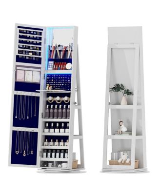 LED jewelry storage cabinet with back storage shelves and 360° rotation.