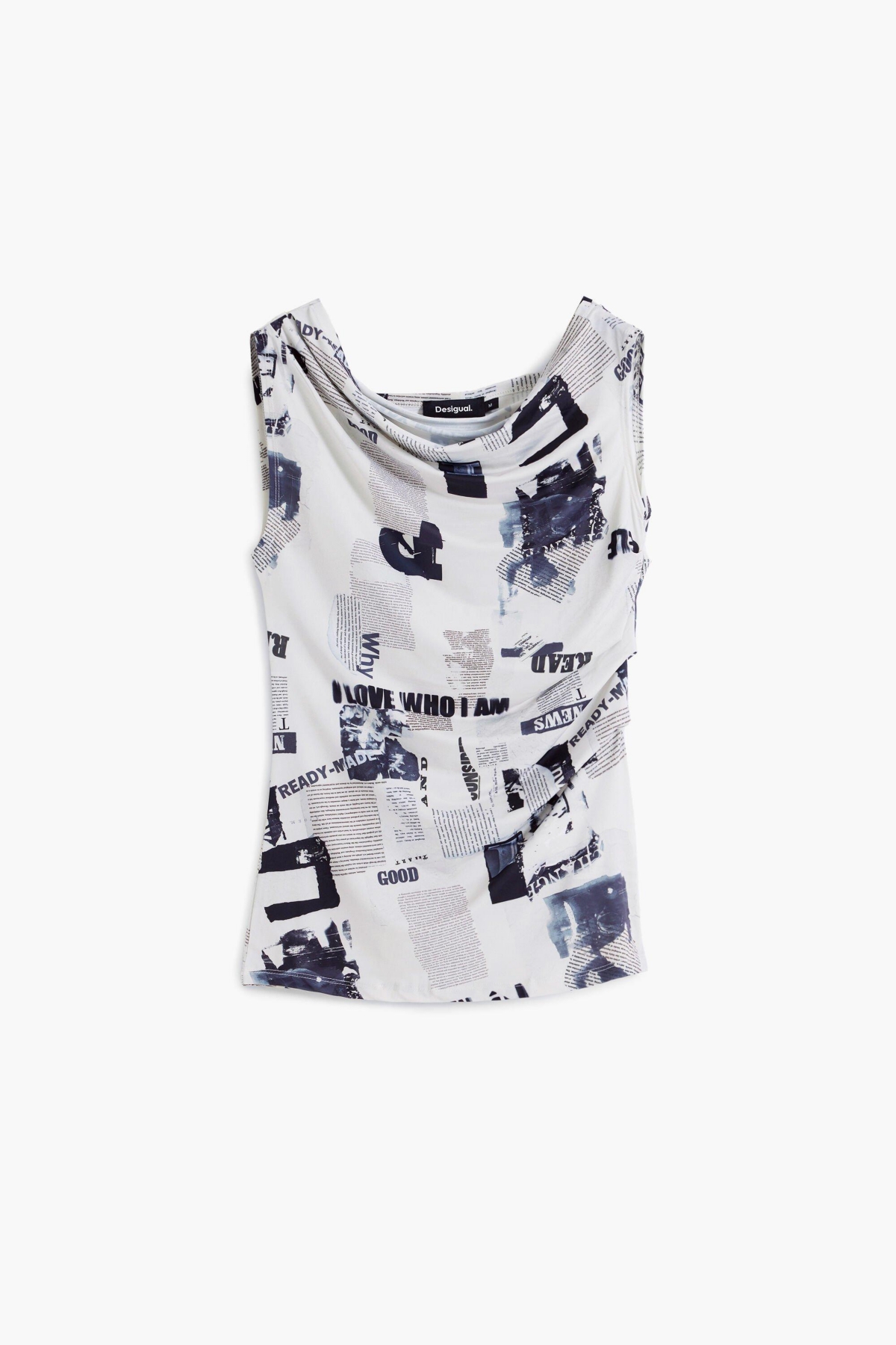 Desigual Newspaper Print One-shoulder Top In White