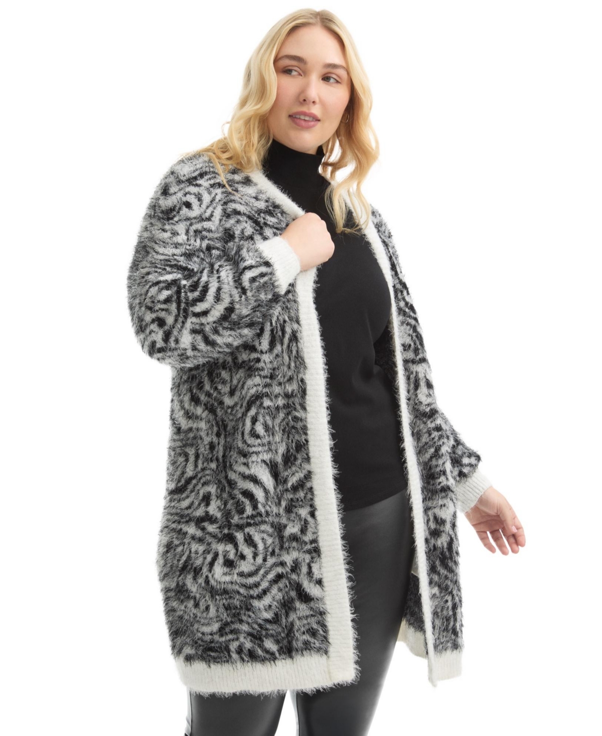 Women's June + Vie Leopard-Print Eyelash Cardigan - Painted zebra black white