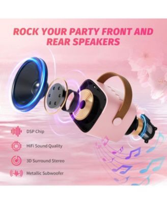 Mini Karaoke Machine for Kids, Portable Bluetooth Speaker with 2 Wireless Mics, LED Lights, Gift for Girls & Boys, Ages 3-12+ (Pink)