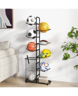Metal Basketball Holder with 7 Removable Hanging Rods and Side Ball Basket