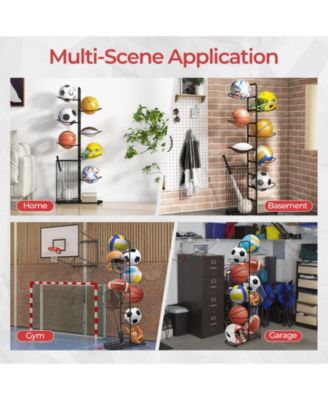 Metal Basketball Holder with 7 Removable Hanging Rods and Side Ball Basket