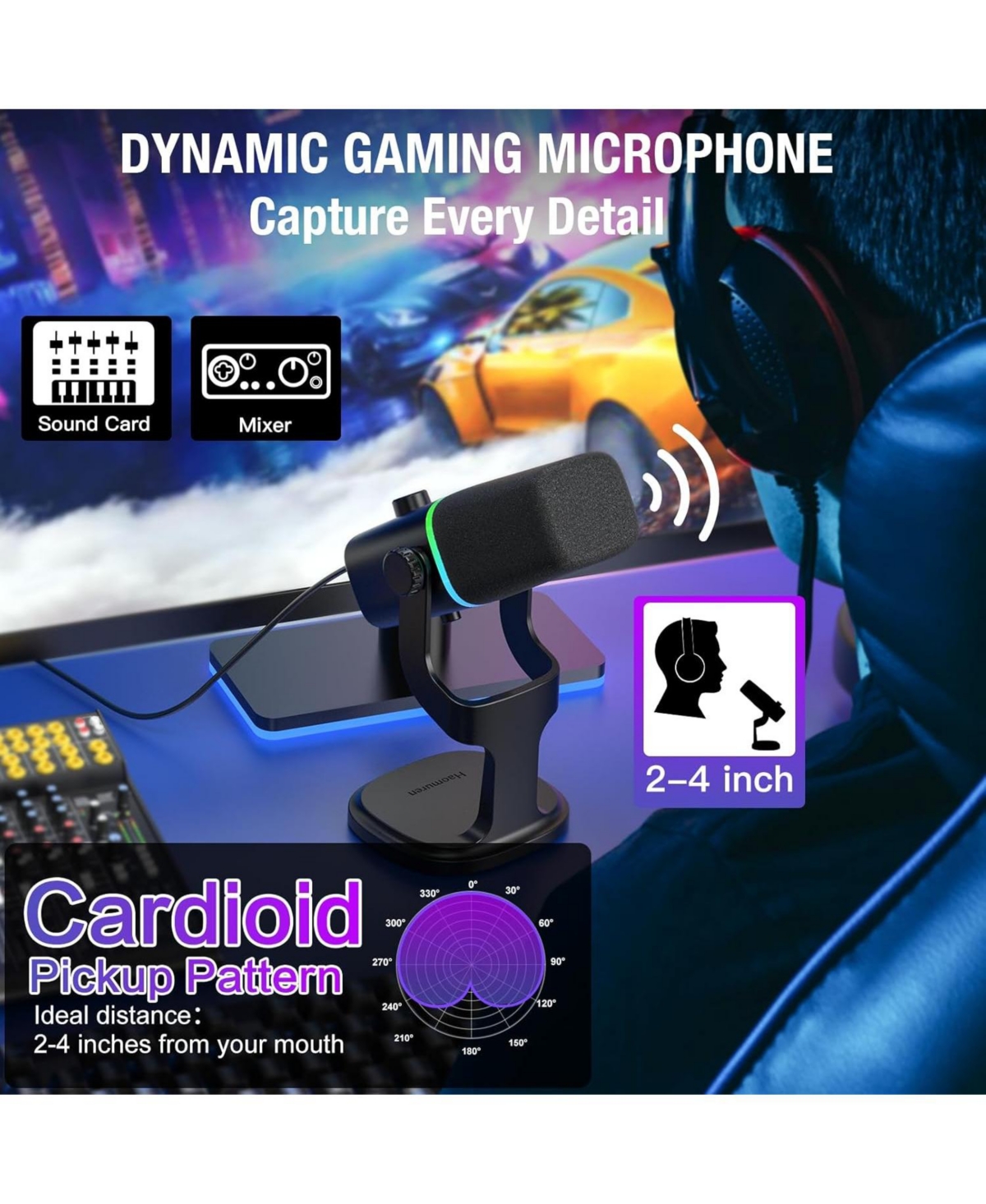 Zealsound Xlr/Usb Dynamic Mic for Gaming & Podcast, Rgb Light, Mute, Mic Gain, Headphones Jack, Desktop Stand for iPhone, Pc, PS4/PS5, YouTube