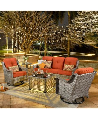 5 Piece Outdoor Rattan Patio Furniture Set with 3 Seat Sofa,Swivel Rocking Chairs,Solar Coffee Table,Wicker Sofa Set for Backyard and Porch