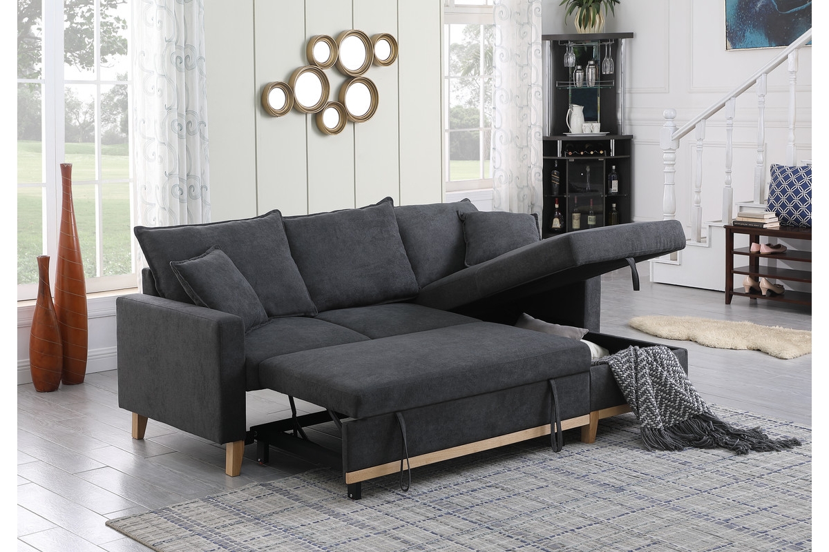 Homlux 84.25"W Dark Gray Woven Reversible Sleeper Sectional Sofa with Storage Chaise