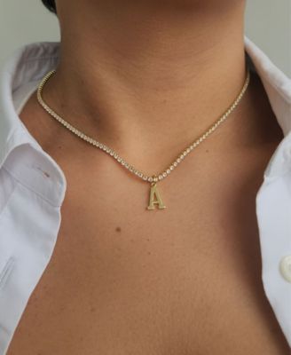 Gold Crystal Initial Charm Tennis Necklace