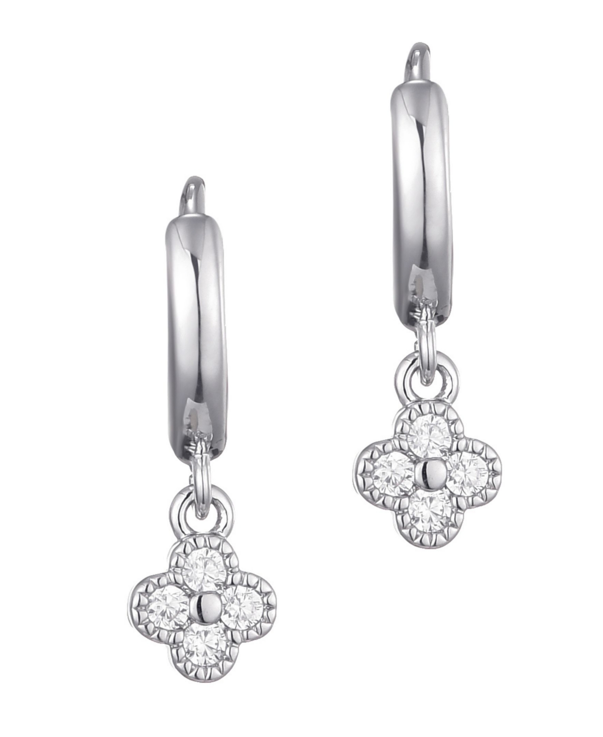 Cubic Zirconia Extra Mini Clover Dangle Huggie Earrings - Silver