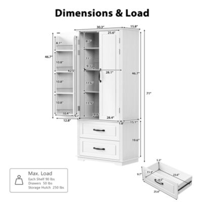 CASAINC 71" Embossed Finish Freestanding Cabinet with 2 Drawers & Multiple Shelves Pantry