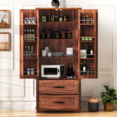 71" Freestanding Pantry Cabinet with 2 Drawers, 8 Door Shelves, 3 Cabinet Shelves, Embossed Texture Finish