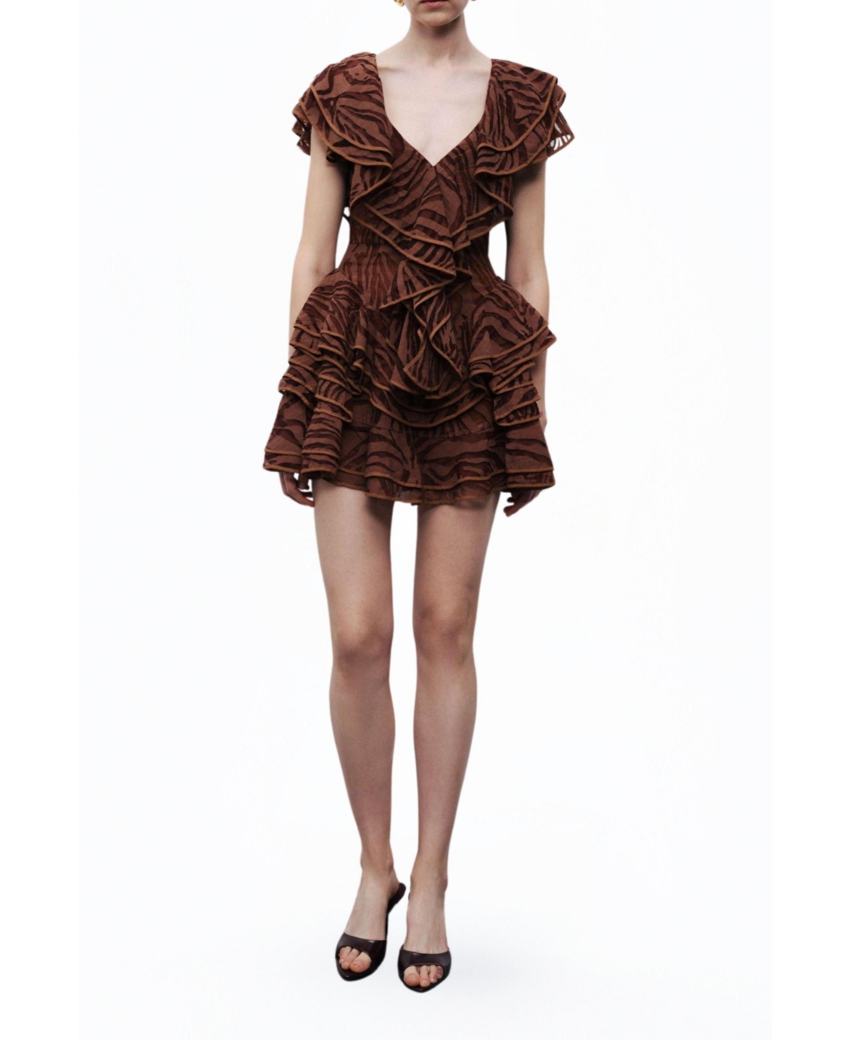 Women's Ruffle Patterned Mini Dress - Dark brown
