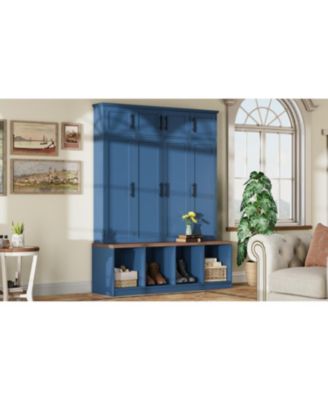 Farmhouse Hall Tree Bench with Hidden Hooks & Shoe Cabinet