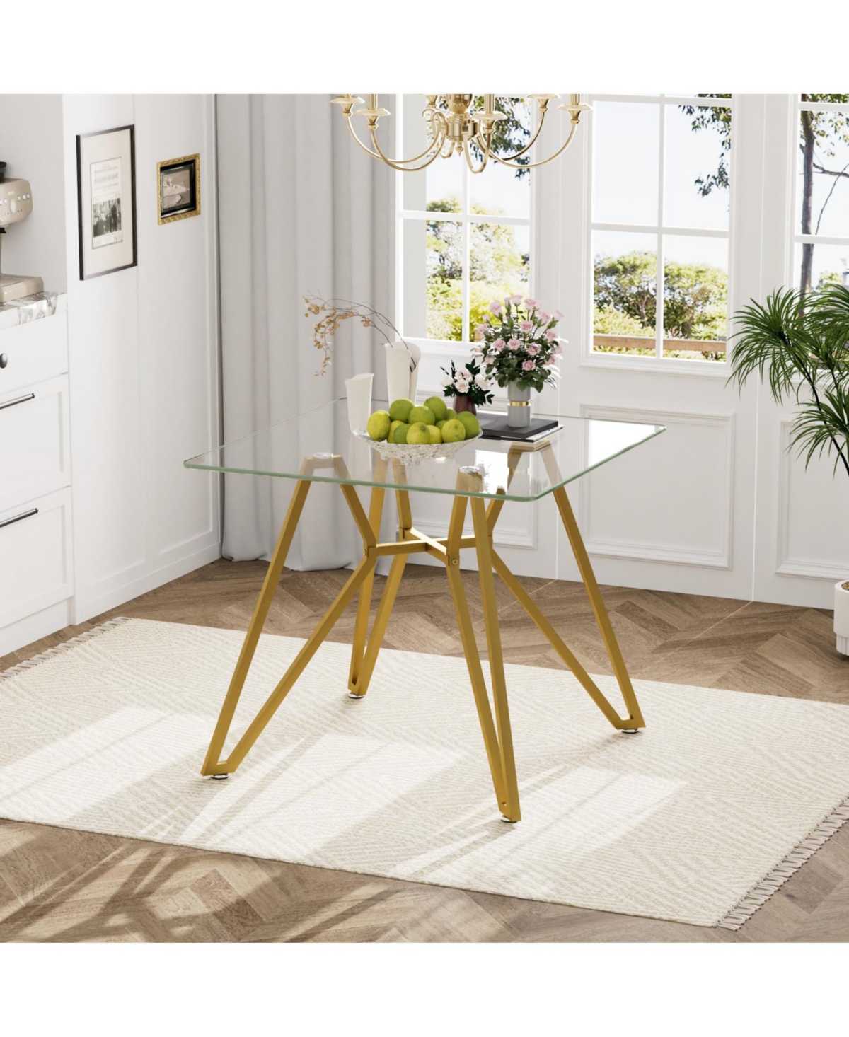 35.4" Square Glass Dining Table - Gold