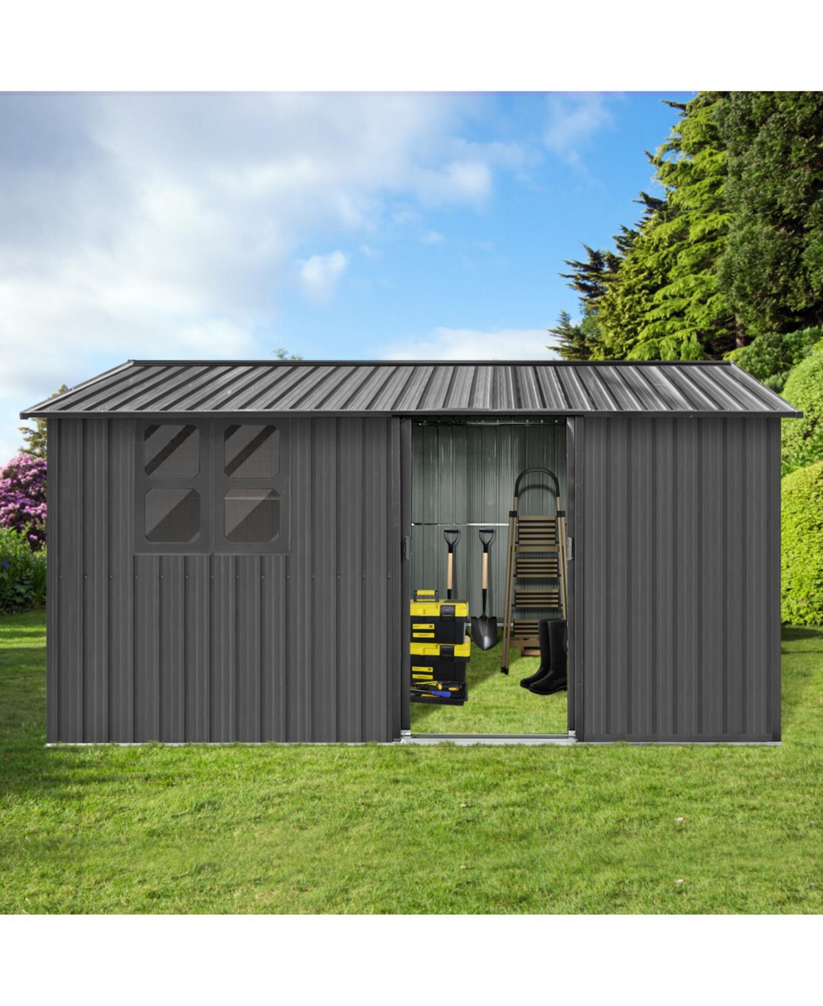 12x10 Metal Garden Shed - Grey, Sliding Door & Window - Grey