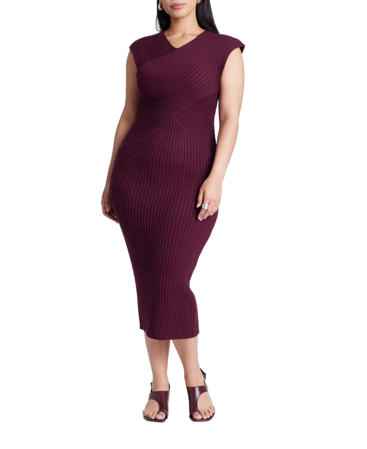 Women's Plus Size Cross Front Rib Midi Sweater Dress - Merlot