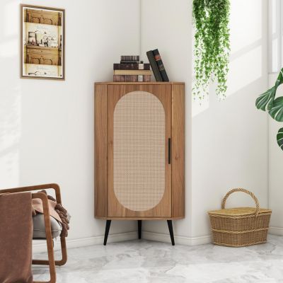CASAINC 40"H Natural Rattan Door & Adjustable Shelves Freestanding Corner Cabinet