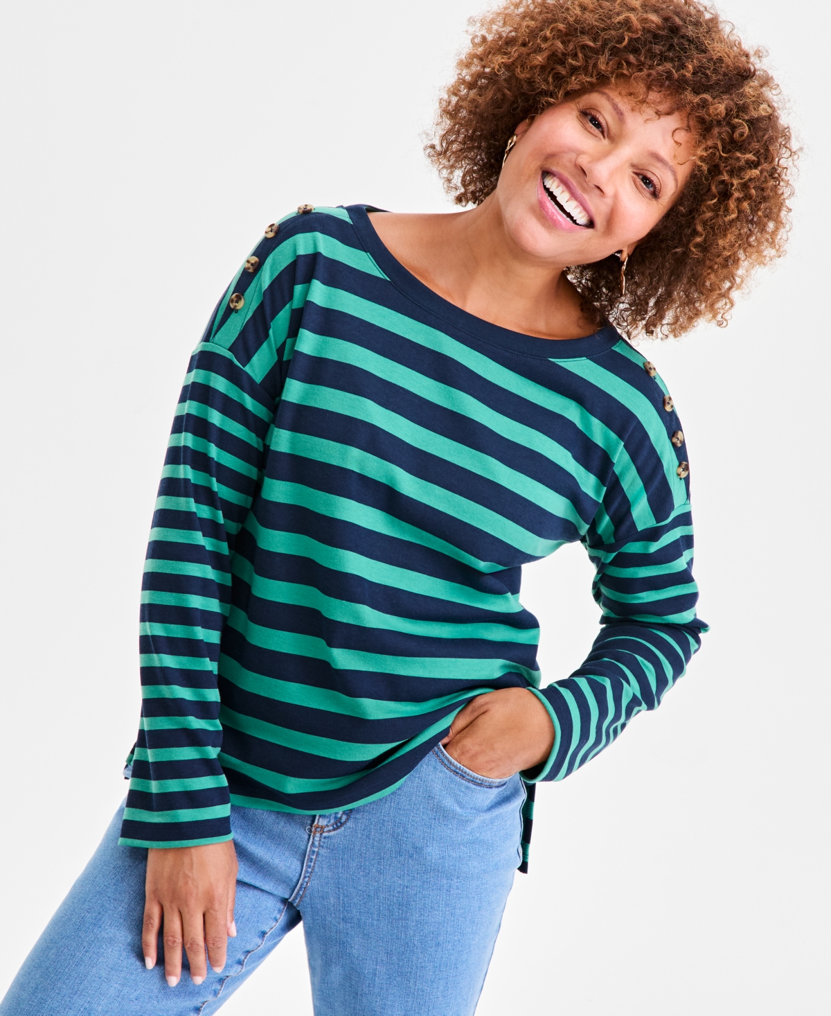 Style & Co Women's Long Sleeve Button-trim Striped Knit Top, Macy's Exclusive In Green