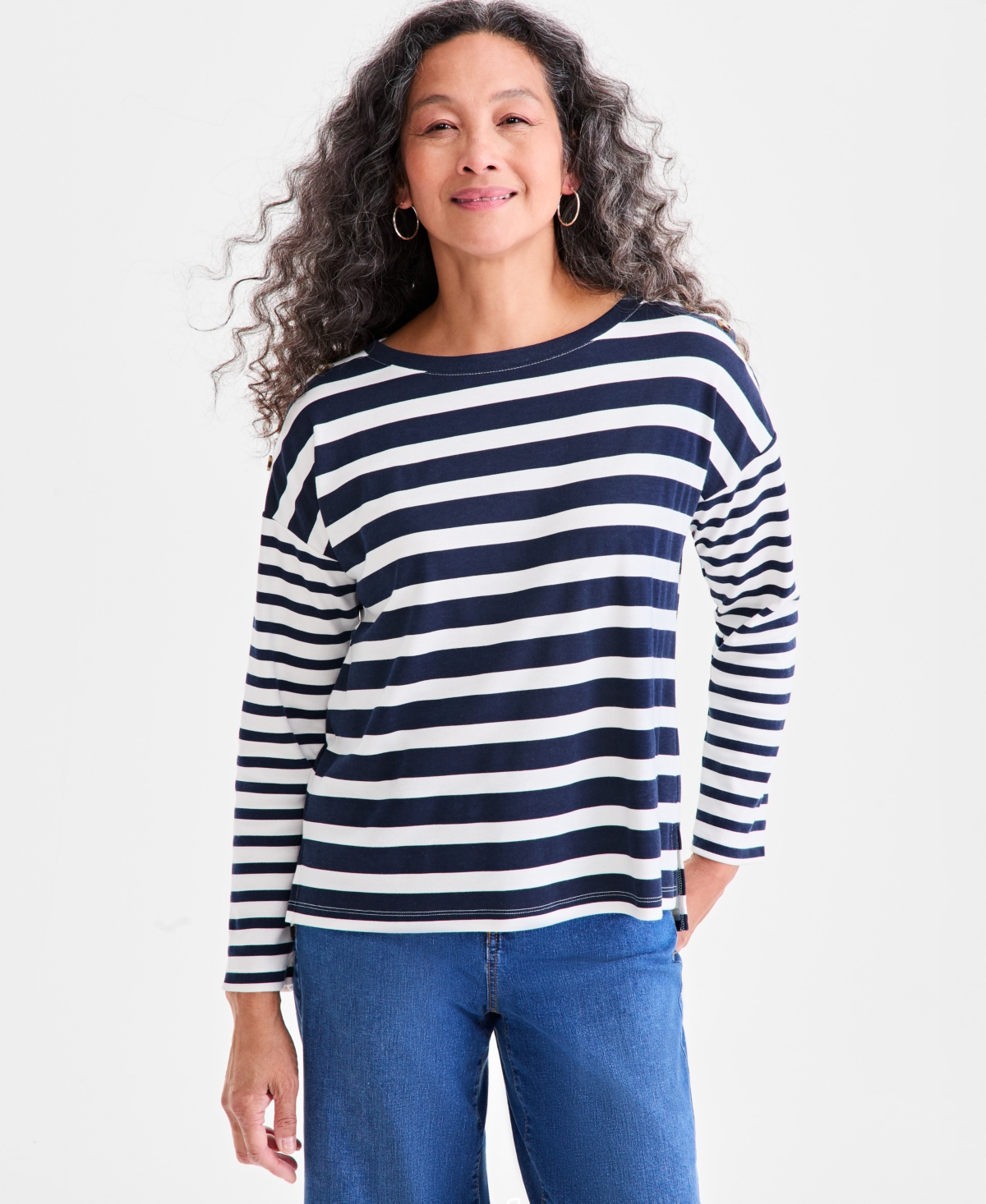 Style & Co Women's Long Sleeve Button-trim Striped Knit Top, Macy's Exclusive In Blue