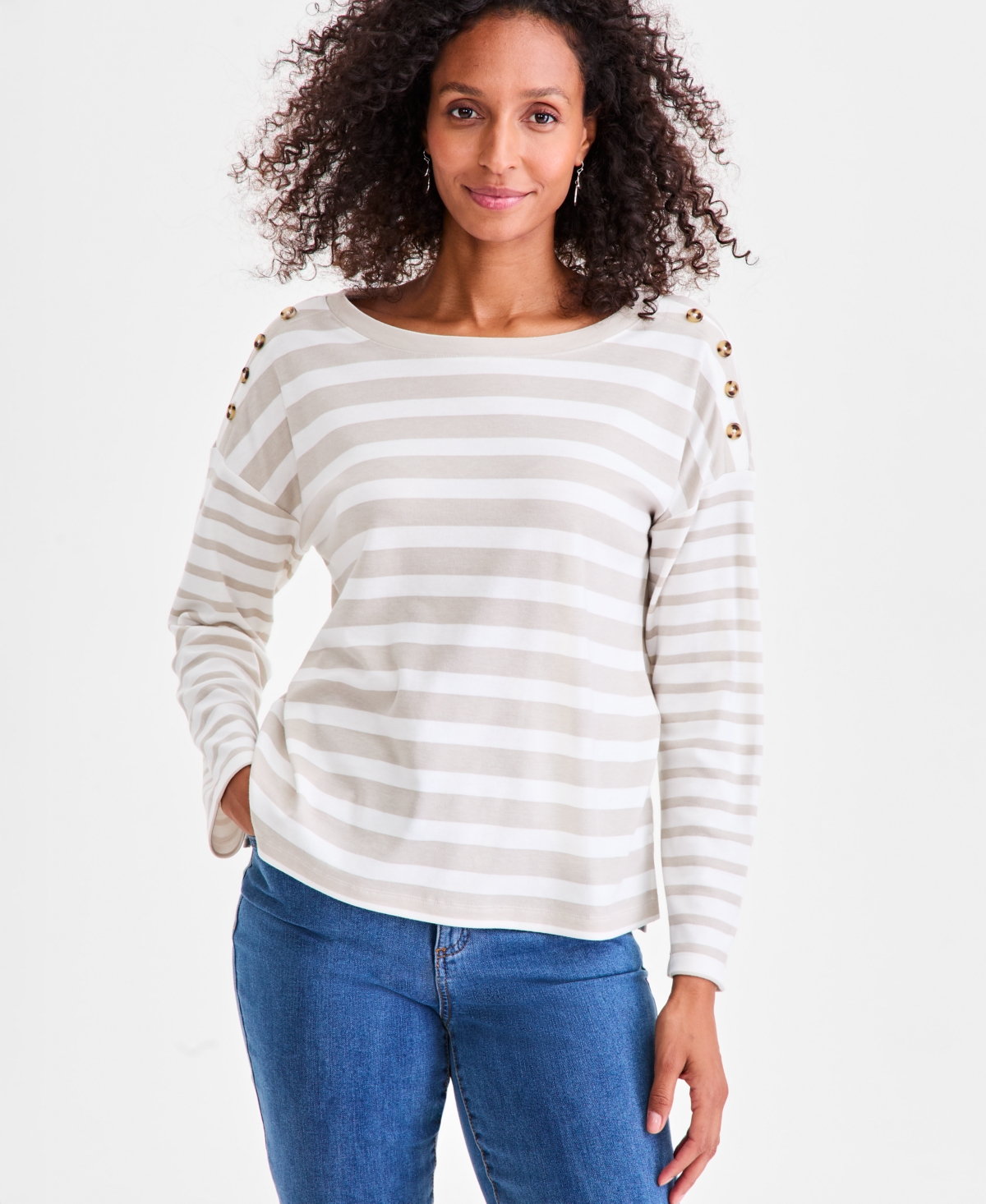 Style & Co Women's Long Sleeve Button-trim Striped Knit Top, Macy's Exclusive In Brown