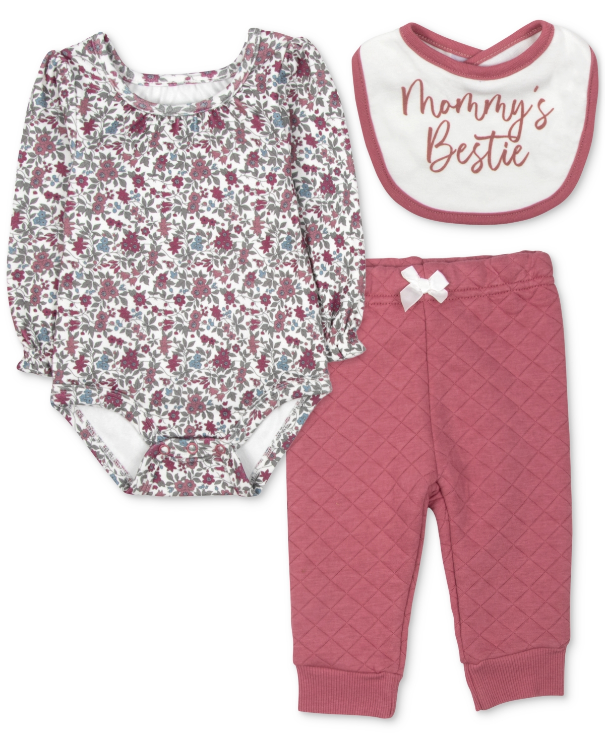 Baby Essentials Baby Girls Mommy's Bestie Bib, Floral-print Bodysuit & Quilted Pants, 3 Piece Set In Multi