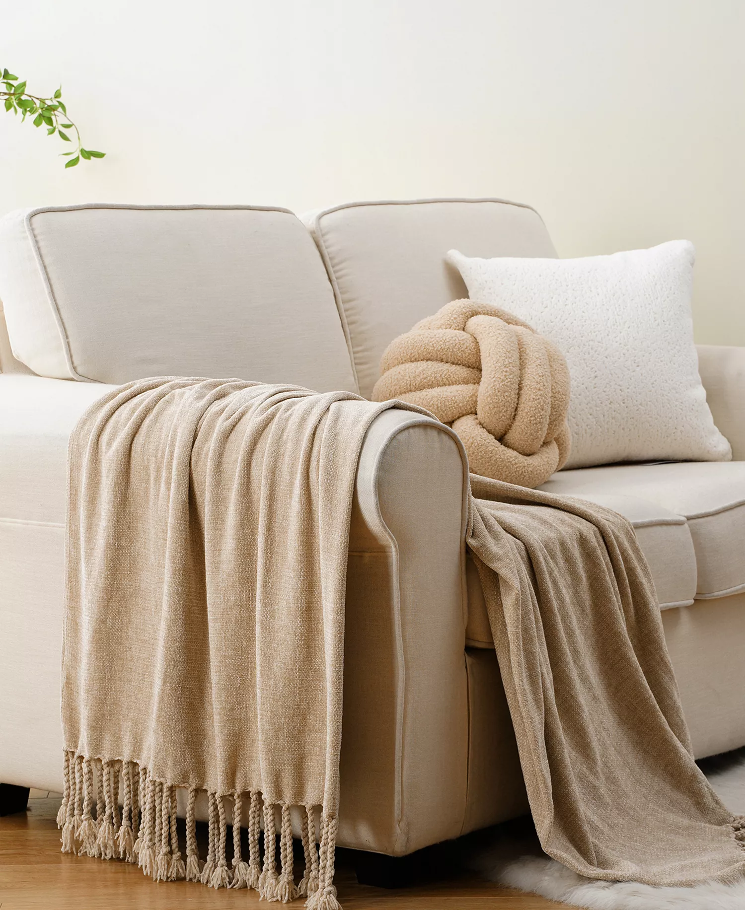 Battilo Fringe Tassels Chenille Throw in Beige, 50" x 60"
