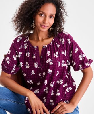 Women's Printed Seersucker Split Neck Top, Macy's Exclusive