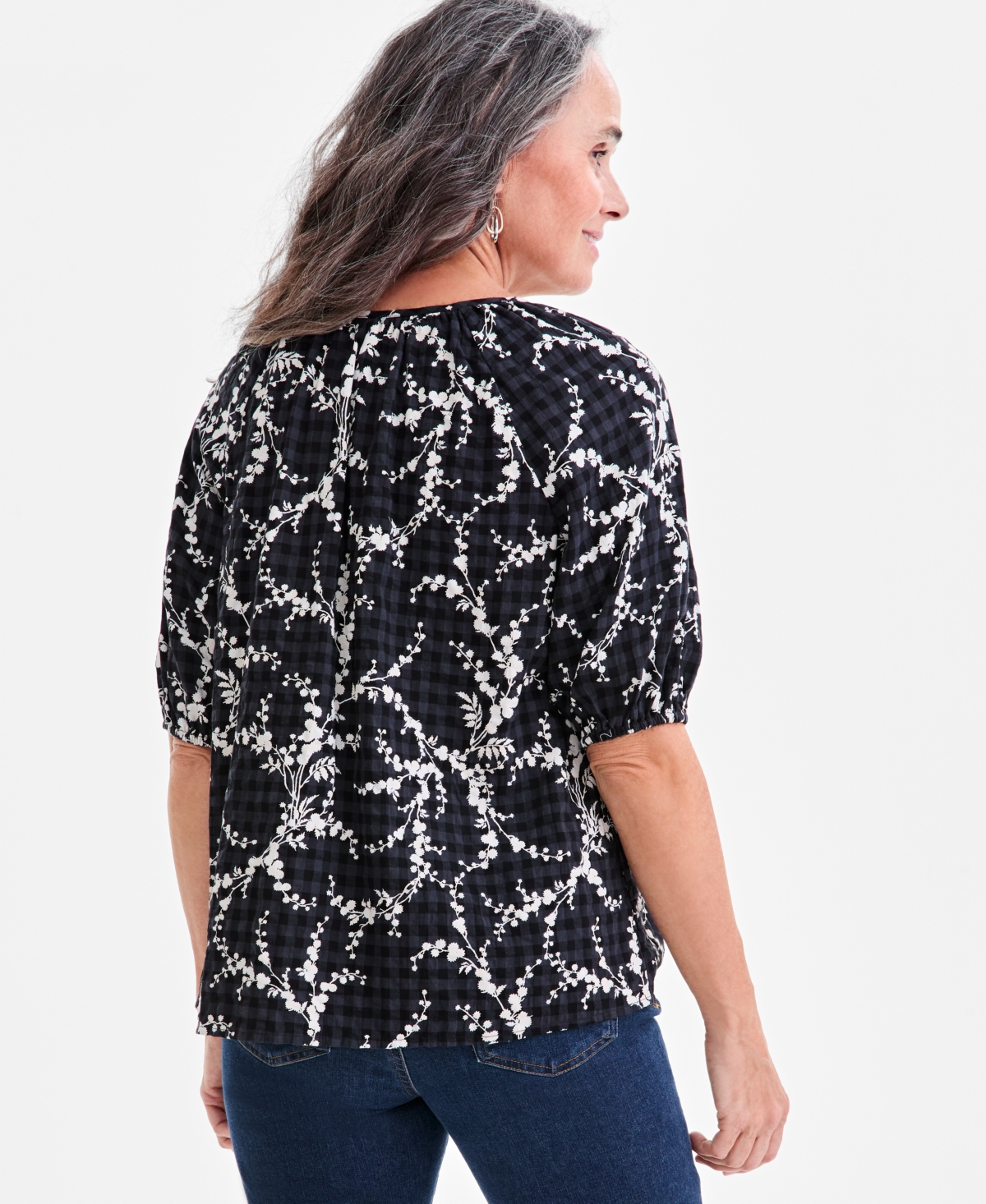 Style & Co Women's Printed Seersucker Split Neck Top, Macy's Exclusive In Black