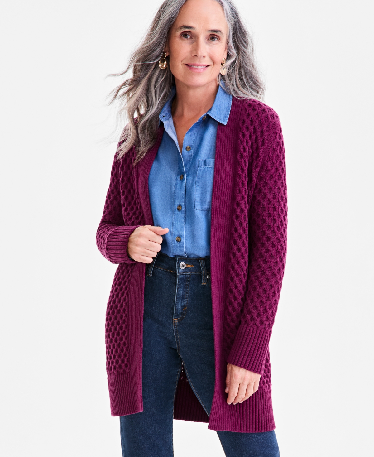 Style & Co Women's Open Front Stitch Cardigan Sweater, Macy's Exclusive In Brown