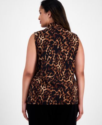 Plus Size Printed Pleated V-Neck Sleeveless Blouse 