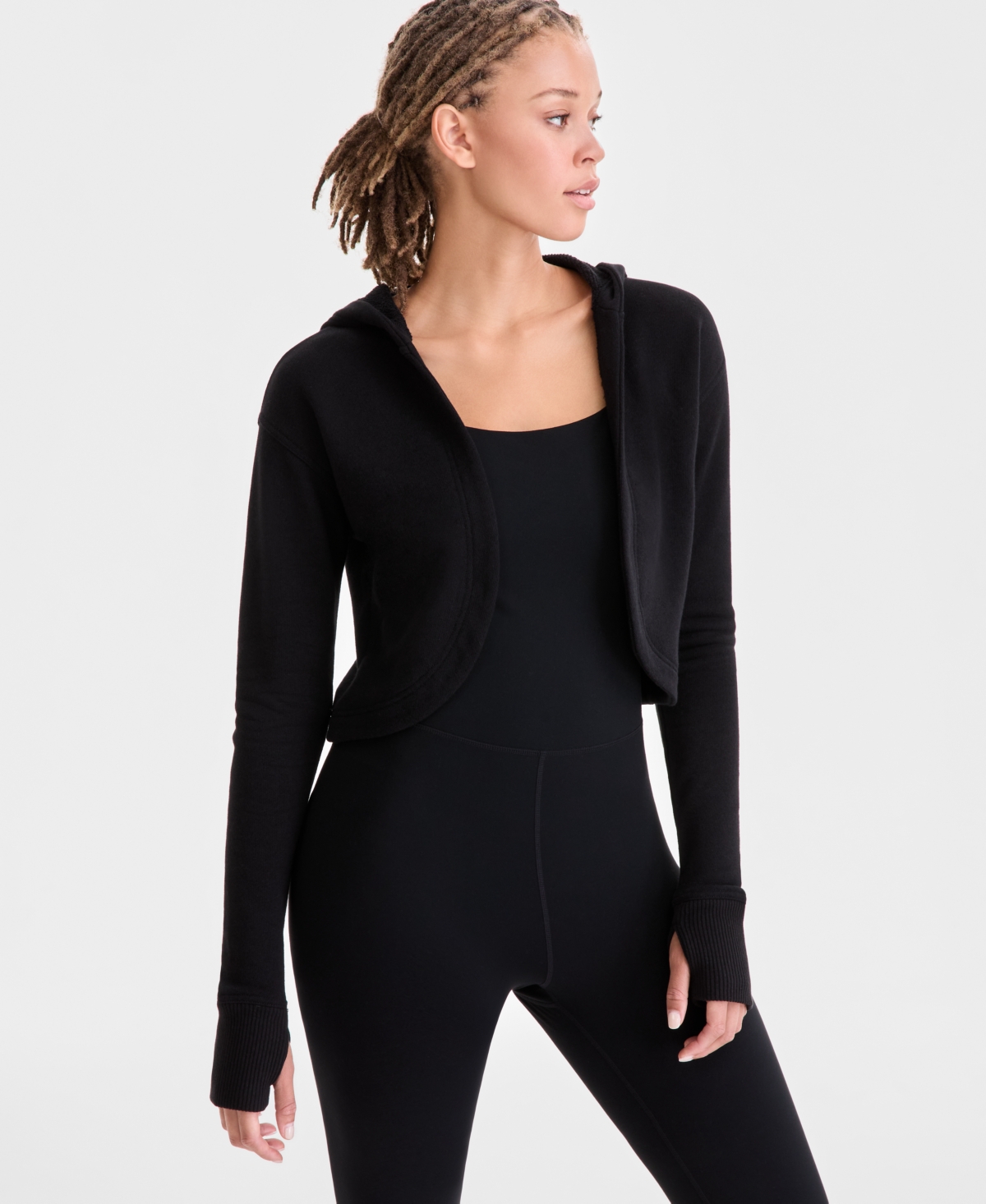 Id Ideology Women's Relaxed French Terry Cropped Hooded Cardigan, Macy's Exclusive In Black