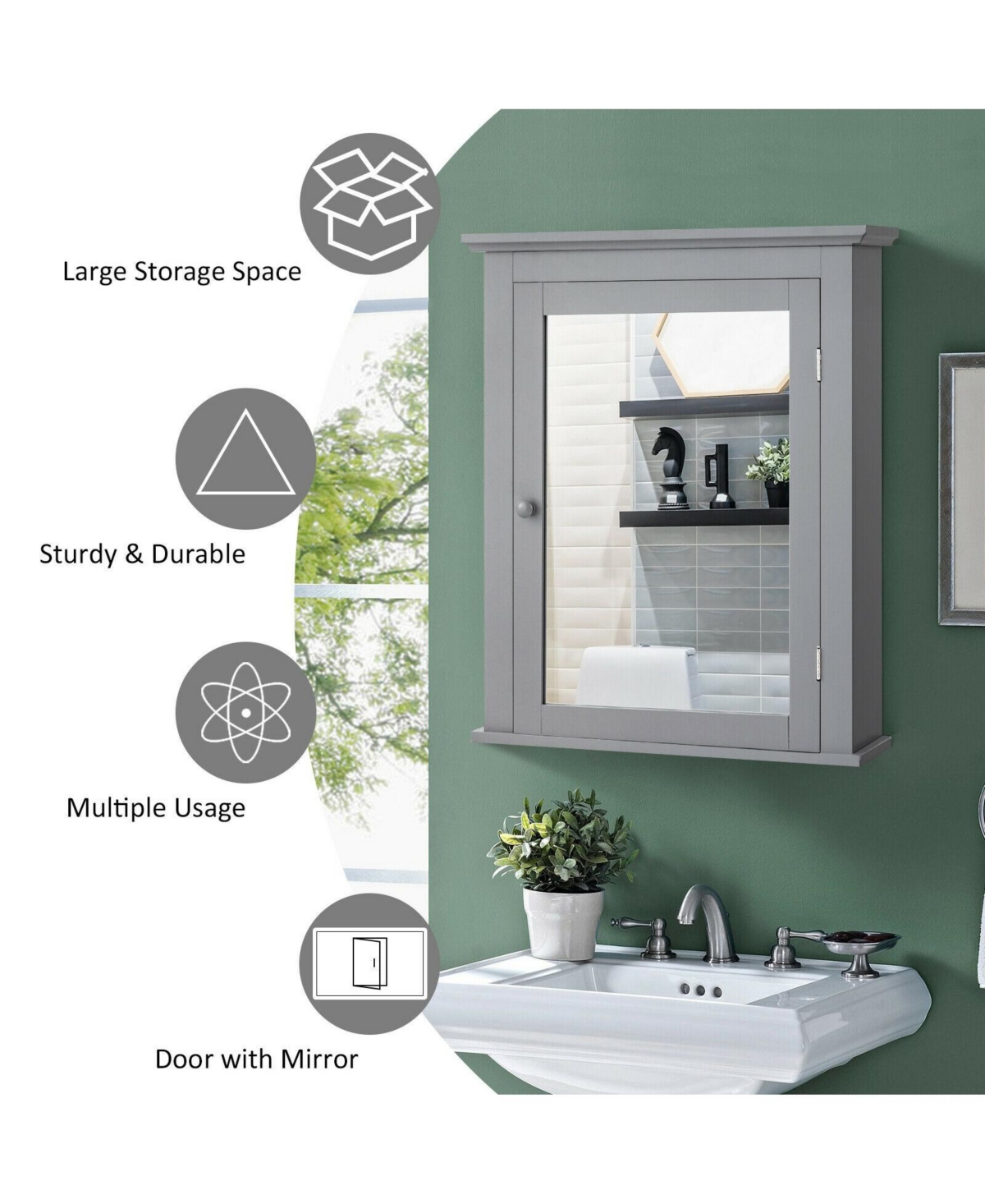 Wall Mount Bathroom Cabinet with One Mirror Single Door Adjustable Shelves Retro Handle